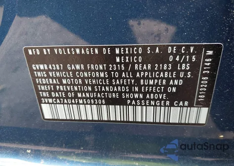 2015 Volkswagen Golf Sportwagen Tdi Sel 4-Door from USA, damaged, VIN 3VWCA7AU4FM509306
